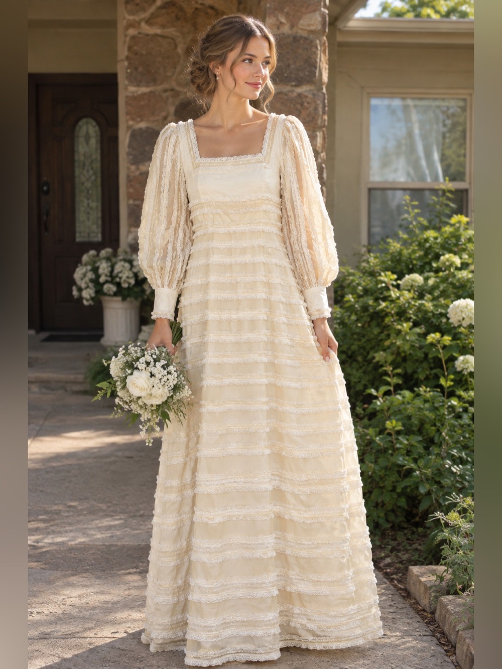 vintage 70s pale yellow maxi dress sheer ruffled tiers and long puff sleeves